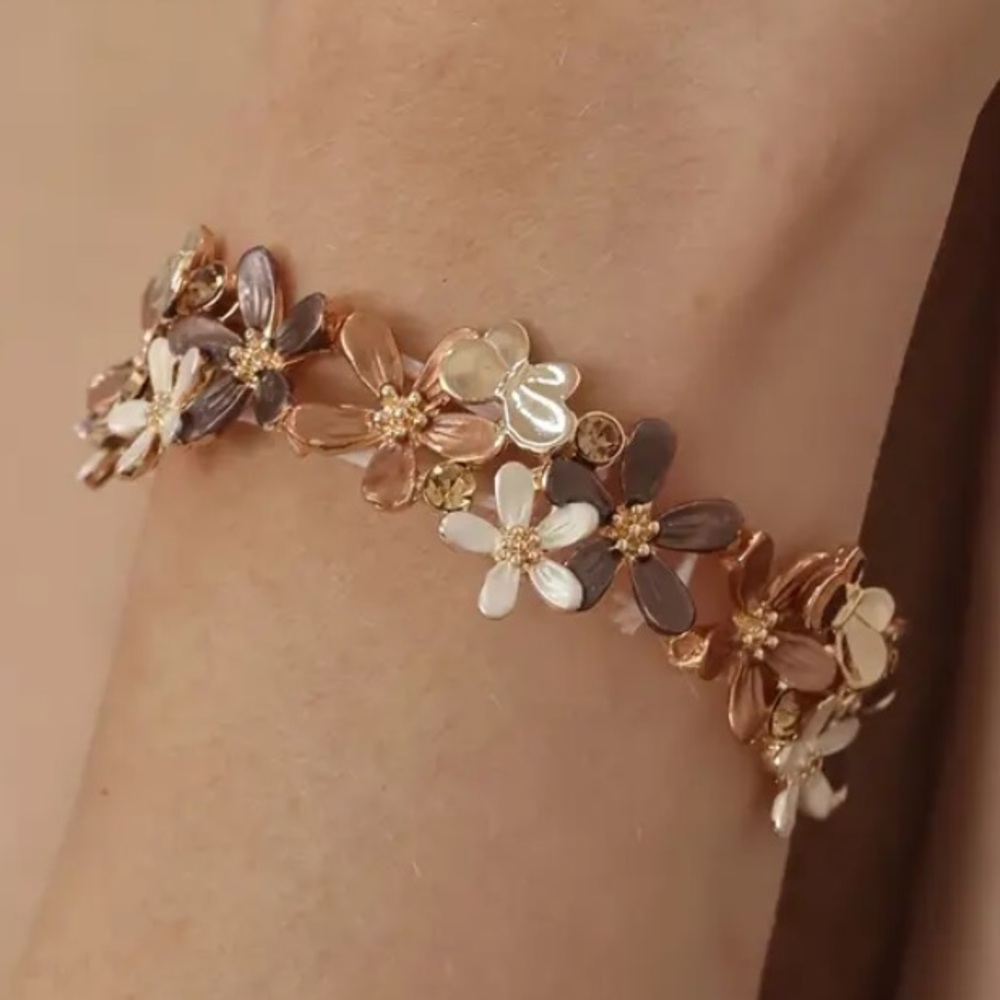 Brown Neutral Flower Crystal Butterfly Gold Toned Stretch Bracelet - Picture 5 of 5